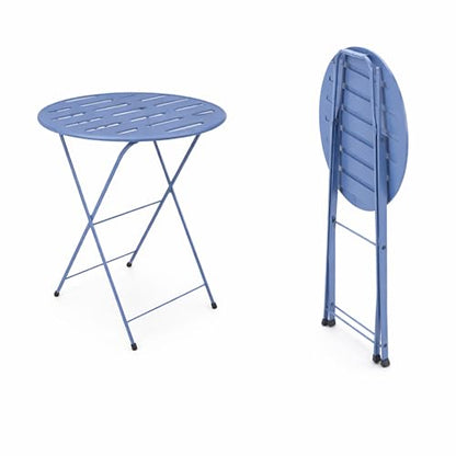 Alpine Corporation VTFAM168A-BL 3-Piece Blue Metal Folding Bistro Set – 20" Round Patio Table with 2 Folding Chairs – Portable Indoor/Outdoor Balcony & Garden Furniture Set