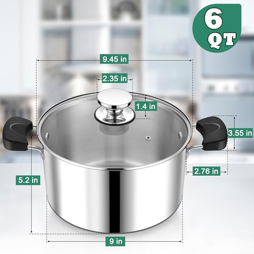 6 Quart 3-Ply Cooking Stock Pot with Lid, P&P CHEF Stainless Steel Large Pot for Pasta Soup, Work on Multi Stove, Heavy Duty & Dishwasher Safe, Dual Heat-resistant Handles & Transparent Glass Lid