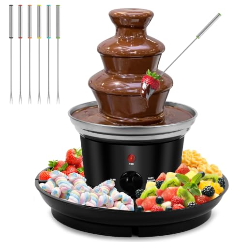 16oz Chocolate Fondue Fountain, 3-Tier MINI Chocolate Fountain with 6PCS Fondue Fork and Removal Tray for Fruits/Nuts/Treats