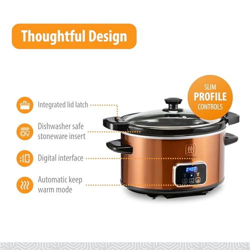 Toastmaster 4-Quart Digital Slow Cooker with Locking Lid - Food Warmer for Dip, Soups, Parties, Meal Preparation & More - Copper