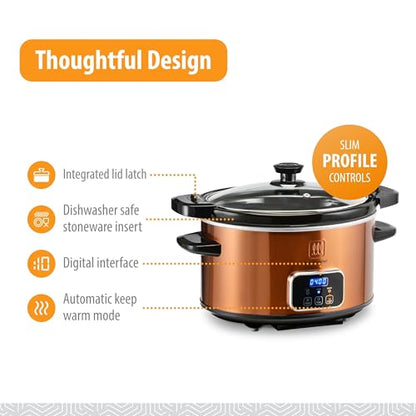 Toastmaster 4-Quart Digital Slow Cooker with Locking Lid - Food Warmer for Dip, Soups, Parties, Meal Preparation & More - Copper