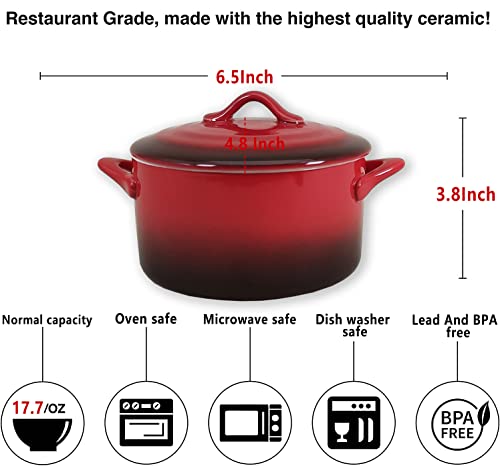 JINSONGDAFA Ceramic Mini Cocotte Set, 17.7 Ounces Small Casserole Dishes with Lids and Handles, Individual Baking Ramekins, Oven, Microwave & Dishwasher Safe (Inner white outer gradient Red glaze)