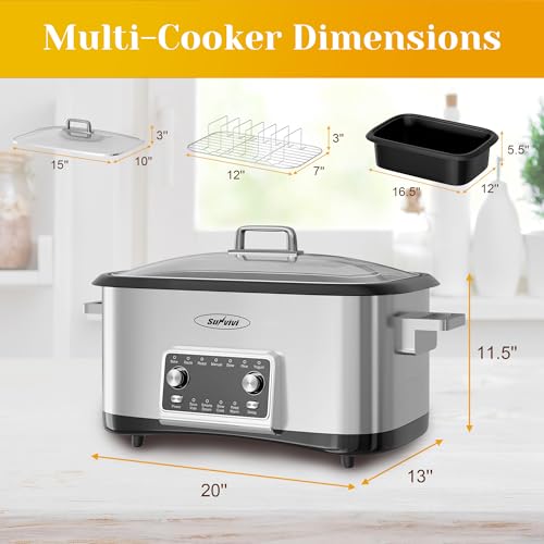 SUNVIVIPRO 12-in-1 Programmable Slow Cooker, 8 Quart Digital Multi-Cooker Food Warmer with Timer, Temp Control & Auto Shut Off, Removable Non-Stick Pot, Dishwasher-Safe Glass Lid, Stainless Steel