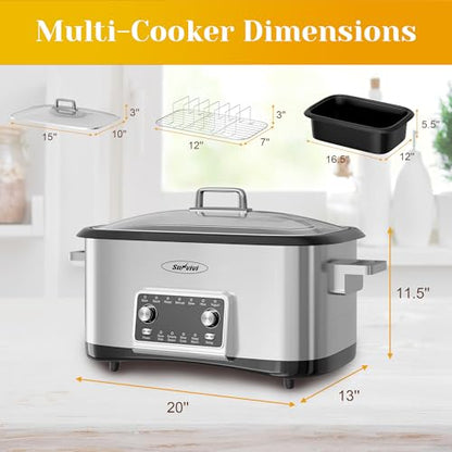 SUNVIVIPRO 12-in-1 Programmable Slow Cooker, 8 Quart Digital Multi-Cooker Food Warmer with Timer, Temp Control & Auto Shut Off, Removable Non-Stick Pot, Dishwasher-Safe Glass Lid, Stainless Steel