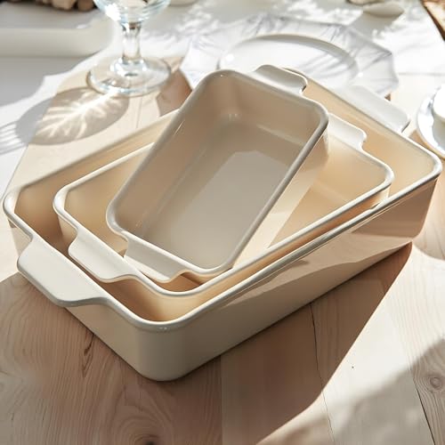 Kook Ceramic Bakeware Set, Rectangular Baking Dishes, For Casseroles, Lasagna, Cake, Small, Medium & Large Pans, Microwave & Dishwasher Safe, Set of 3, (Ivory)