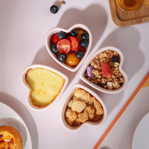 VanEnjoy 4 pack 5oz Heart Shaped Ramekins Ceramic Bowl Bakeware for Souffle Creme Brulee Oven and Dishwasher Safe Baking Dishes Cute White Cookware for Kitchen