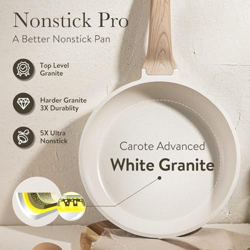 CAROTE Non Stick Frying Pan Skillet,10" Nonstick Fry Pan with Glass Lid, Egg Pan Omelet Pans, Granite Cookware PFOA Free White Granite, 10-Inch
