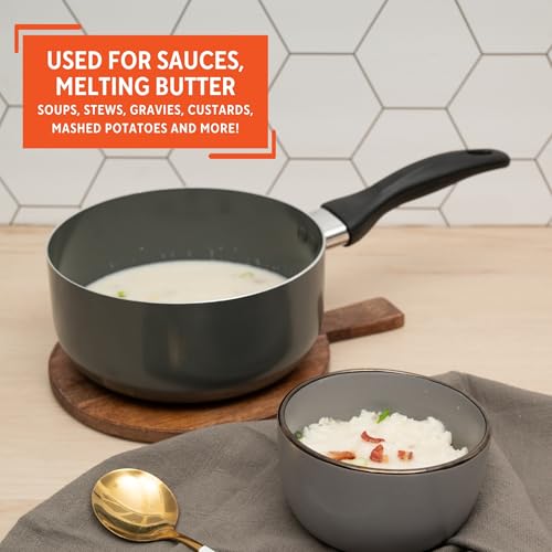IMUSA Gray Ceramic Saucepan 1.5 Qt with Glass Lid, Nonstick with Cool-Touch Handle, Small Pot for Sauces, Soups, Stews and More