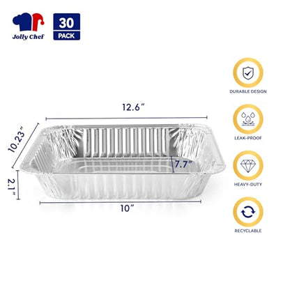 JOLLY CHEF 9x13 Aluminum Foil Pans (30 Pack) - Disposable Half Size Deep Steam Foil Pans for Roasting Turkey, Lasagna, Casseroles - Thanksgiving, Christmas, Parties, Catering