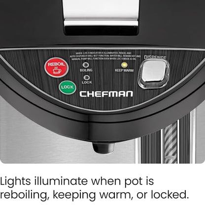 Chefman Electric Hot Water Pot Urn w/Auto & Manual Dispense Buttons, Safety Lock, Instant Heating for Coffee & Tea, Auto-Shutoff & Boil Dry Protection, Insulated Stainless Steel, 3.6L/3.8 Qt/20+ Cups