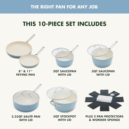GreenPan Padova Pro 10 Piece Cookware Pots and Pans Set, Hard Anodized Healthy Ceramic Nonstick PFOA and PFAS-Free, Induction Suitable, Stainless Steel Handles, Dishwasher and Oven Safe, Blue Haze