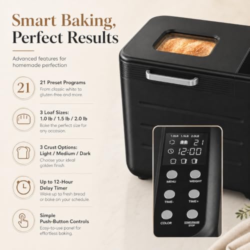 HealSmart 21 in 1 Bread Maker, 650W, 2 LB, 3 Loaf Sizes, Stainless Steel