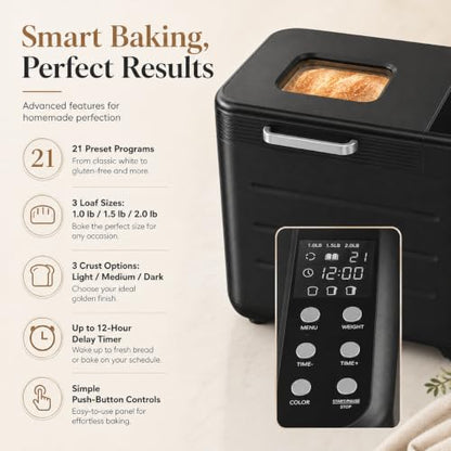 HealSmart 21 in 1 Bread Maker, 650W, 2 LB, 3 Loaf Sizes, Stainless Steel