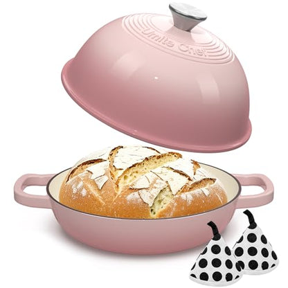 Cast Iron Dutch Oven Pot with Lid, Round Bread Oven for Sourdough Bread Baking, Umite Chef Enameled Cast Iron Bread Oven with Dome Lid & Cotton Potholders for Sourdough, Pink, 6 Quarts