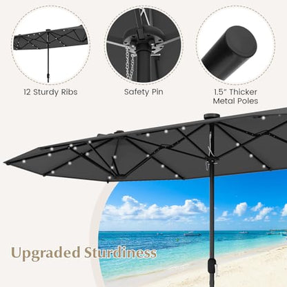 Tangkula 9 Pieces Rattan Outdoor Dining Set with 13Ft Solar Patio Umbrella for 6, Outdoor Wicker Table Set with 8 Cushioned Chairs, Acacia Wood Top, Outdoor Umbrella with Base Included