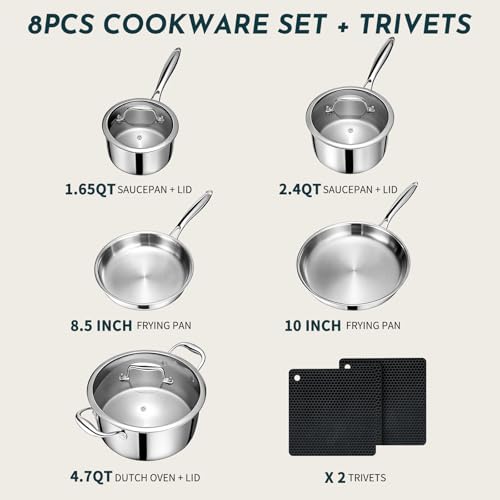 3 Ply Stainless Steel Cookware Set, AIVIKI 10-Pieces Pots and Pans Set, Induction Kitchen Cookware Set, Oven Safe to 500℉, Chef Quality Cooking Set w/Fry Pans, Saucepans, Dutch Oven, Kitchen Essential