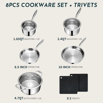 3 Ply Stainless Steel Cookware Set, AIVIKI 10-Pieces Pots and Pans Set, Induction Kitchen Cookware Set, Oven Safe to 500℉, Chef Quality Cooking Set w/Fry Pans, Saucepans, Dutch Oven, Kitchen Essential
