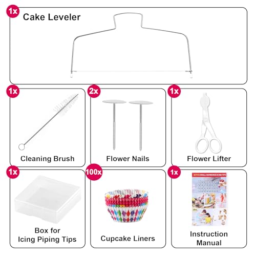Gymdin 222 PCS Cake Decorating Kit - Includes Cake Turntable, Leveler, Piping Bags and Tips Set, 2 Frosting Spatulas, 3 Scrapers, 100 Cupcake Liners, Booklet and more Decorating Supplies