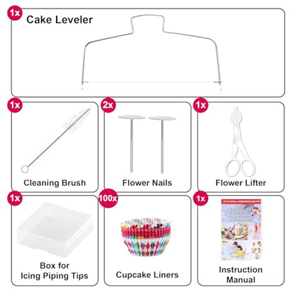Gymdin 222 PCS Cake Decorating Kit - Includes Cake Turntable, Leveler, Piping Bags and Tips Set, 2 Frosting Spatulas, 3 Scrapers, 100 Cupcake Liners, Booklet and more Decorating Supplies