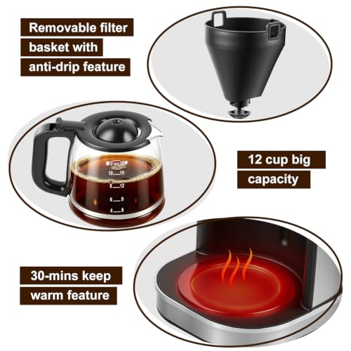 CUSIMAX Drip Coffee Maker 12 Cup Programmable Coffee Machine with 24H Timer, LCD Screen & Easy Control Dial, Brew Pause, Aroma Selector, Keep Warm Glass Carafe Coffee Makers, Magnetic Scoop
