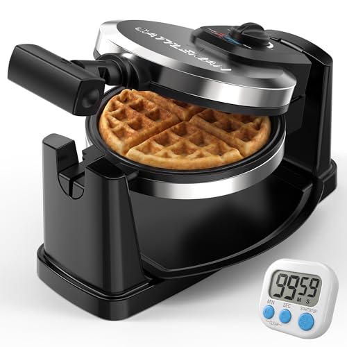 CATTLEMAN Waffle Maker, Rotating Belgian Waffle Maker with Magnetic Timer, 180° Flip Waffle Iron, Nonstick Plates, Adjustable Browning, Drip Tray, Cool Touch Handle for Crispy Family Breakfast