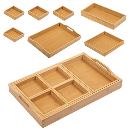 MAPLE MILL - Wooden Tray with Handle - Set of 7 Bamboo Trays for Serving Food - for Breakfast in Bedroom, at Dinner or Coffee Table - Decorative Bamboo Tray
