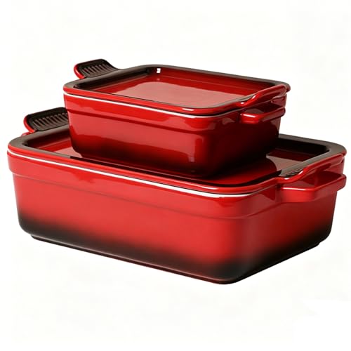 ACMLIFE Ceramic Casserole Dishes with Lids, Baking Dish for Oven with Lid, Stoneware Rectangular Dish 4 Pcs Set, Red 2-in-1 Bakeware Set (13"x8"+8"x6"), Large 3.06 Qt & Small 0.95 Qt Ceramic Bakeware, Casserole Dishes for Oven Baking Pan with Handles, Ide