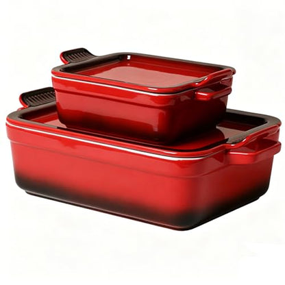 ACMLIFE Ceramic Casserole Dishes with Lids, Baking Dish for Oven with Lid, Stoneware Rectangular Dish 4 Pcs Set, Red 2-in-1 Bakeware Set (13"x8"+8"x6"), Large 3.06 Qt & Small 0.95 Qt Ceramic Bakeware, Casserole Dishes for Oven Baking Pan with Handles, Ide