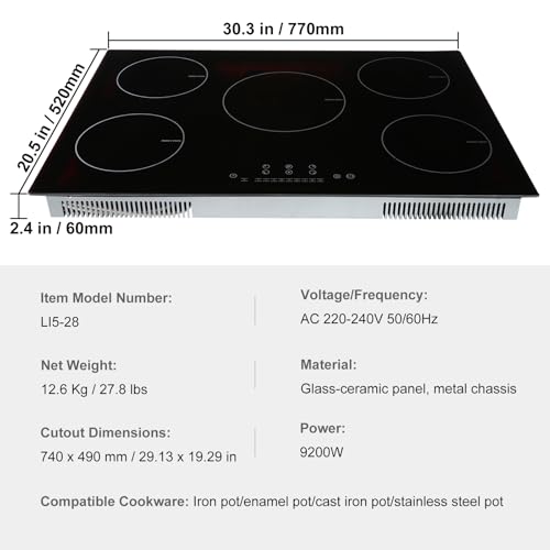 VEVOR Electric Cooktop, 30" 5 Burners Induction Stove Top, 9200W Built-in Magnetic Cooktop, 9 Heating Level Multifunctional Burner, LED Touch Screen w/Child Lock & Over-Temperature Guard