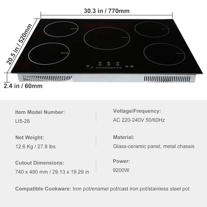 VEVOR Electric Cooktop, 30" 5 Burners Induction Stove Top, 9200W Built-in Magnetic Cooktop, 9 Heating Level Multifunctional Burner, LED Touch Screen w/Child Lock & Over-Temperature Guard