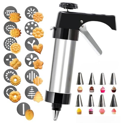 Cookie Press Gun Kit,13 Cookie Discs+8 Icing Nozzles Perfect for DIY Cookies and Decorating Cookies,Gifts for Wome（black）