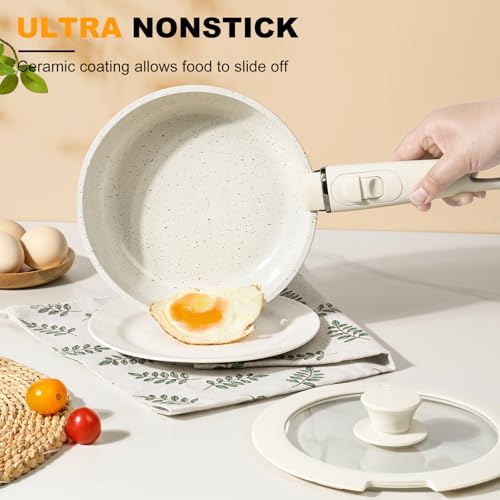 Tibbicc Pots and Pans Set Non Stick 20PCS, Ceramic Cookware Set Detachable Handle Non Toxic Stackable Kithchen Set, Dishwasher Oven Safe Induction Compatiable Frying Pans Pots Skillets, White
