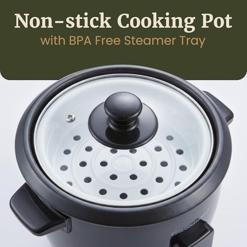 Elite Gourmet Electric Rice Cooker with Steam Tray and Non-Stick Inner Pot Makes Soups, Stews, Grains, Cereals, Keep Warm Feature, 6 Cups Cooked (3 Cups Uncooked), Black