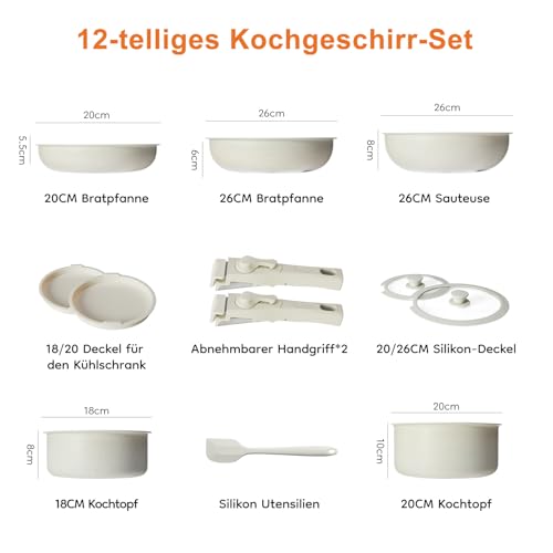 DUMOS 12 Pcs Kitchen Pots and Pans Set, Nonstick Kitchen Cookware Set, Healthy Non-toxic Induction Cooking Sets with Detachable Handle, Oven Safe, Beige