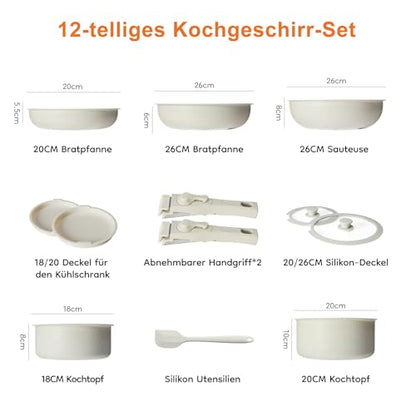 DUMOS 12 Pcs Kitchen Pots and Pans Set, Nonstick Kitchen Cookware Set, Healthy Non-toxic Induction Cooking Sets with Detachable Handle, Oven Safe, Beige