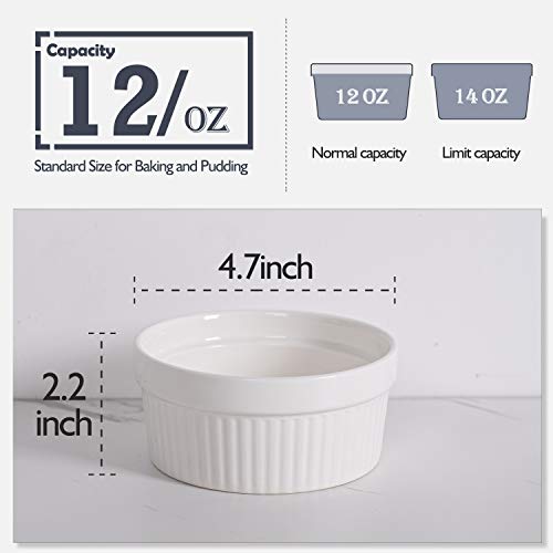 DELLING Ramekins 12 Oz Oven Safe Set of 6, Porcelain Souffle Dish for Baking - Creme Brulee Bowls for French Onion Soup Lava Cake Pudding, Stackable, White