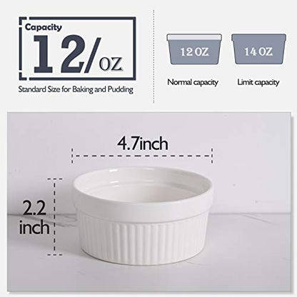 DELLING Ramekins 12 Oz Oven Safe Set of 6, Porcelain Souffle Dish for Baking - Creme Brulee Bowls for French Onion Soup Lava Cake Pudding, Stackable, White
