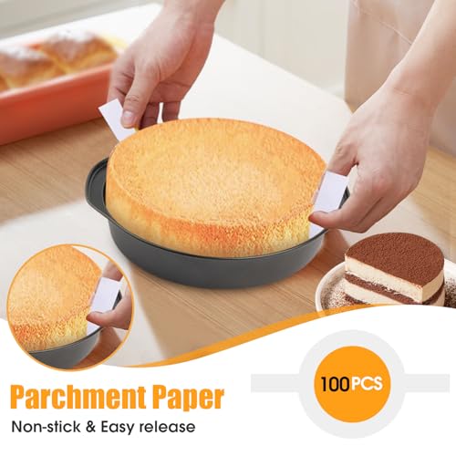 tutikuki 8" Round Cake Pan, 3PCS Nonstick Cake Pans with 100 PCS Parchment Paper, Carbon Steel Cake Baking Pans with Handle, Dishwasher Safe