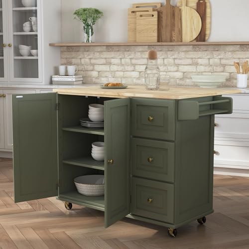 Homestyles Mobile Kitchen Island Cart with Wood Top and Dropleaf Breakfast Bar, 18" D x 53.5" W x 36" H, Green