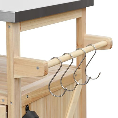 YOPTO Outdoor Kitchen Island,Rolling Bar Cart & Storage Cabinet,Solid Wood Outdoor Grill Table W/Stainless Steel Work Top,Spice Rack & Towel Rack,Easy to Clean for Kitchen,Poolside,Patio,BBQ,Natural