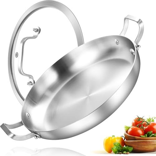 Inqibee 13 Inch Stainless Steel Paella Pan with Lid, Large Frying Pan Skillet with Double Riveted Handles, Wide Shallow Paellera for Stovetop, Induction Compatible, Oven Safe, Dishwasher Safe