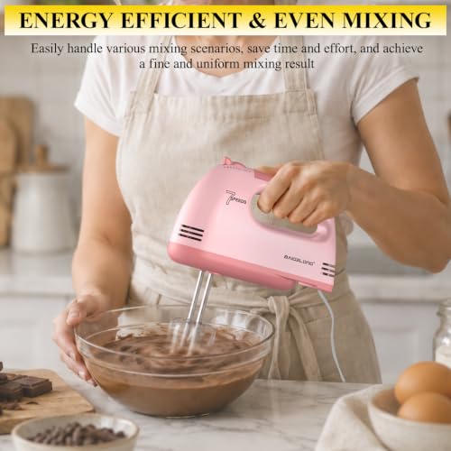 BAIGELONG Hand Mixer. 7-Speed Adjustable Kitchen Electric Mixer. With 5 Stainless Steel Attachments: 2 Hooks, 2 Beaters, 1 Whisk. Comes 1 Storage Box. Perfect for Bakers and New Starters. Pink