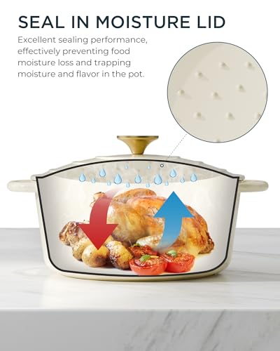 Enameled Cast Iron Dutch Oven - 6QT Pot with Lid & Cotton Potholders - Heavy-Duty Cookware for Braising, Stews, Roasting, Bread Baking, Oven Safe up to 500° F & Across All Cooktops, Cream White