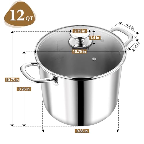 P&P CHEF 12 Quart Tri-Ply Stainless Steel Stockpot, Stock Pot with Visible Lid for Soup Pasta Vegetable, Induction Cooking Pot for All Stoves, Sturdy & Double Handle, Dishwasher Safe