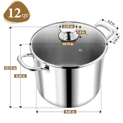 P&P CHEF 12 Quart Tri-Ply Stainless Steel Stockpot, Stock Pot with Visible Lid for Soup Pasta Vegetable, Induction Cooking Pot for All Stoves, Sturdy & Double Handle, Dishwasher Safe