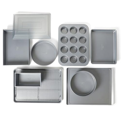 Calphalon Titan 10-Piece Nonstick Bakeware Set, Baking Sheet Set, Steel Core PFA-Free Nonstick Coating, Oven Safe, Includes Sheet Pans, Muffin Pan, Round Cake Pans, Loaf Pan and Cooling Rack - Silver