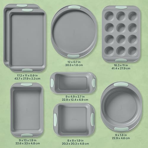 Pyrex 8-Piece Metal Bakeware Set, Lightweight Stainless Steel Baking Trays with Heatsafe Silicone Handles, Cookie & Muffin Sheets, Round/Square Baking Pans, Sage