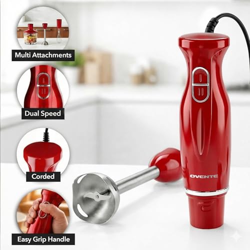OVENTE Immersion Hand Blender Set, 300W Electric Handheld Stick Mixer, 2 Mixing Speeds with Stainless Steel Blades, Egg Whisk, Beaker & BPA-Free Food Chopper, Red HS565R