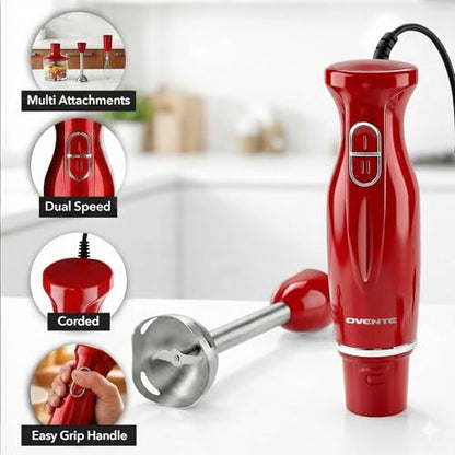 OVENTE Immersion Hand Blender Set, 300W Electric Handheld Stick Mixer, 2 Mixing Speeds with Stainless Steel Blades, Egg Whisk, Beaker & BPA-Free Food Chopper, Red HS565R