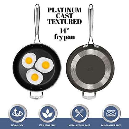 Gotham Steel Platinum Cast Nonstick 14” Fry Pan Mineral and Diamond Triple Coated Surface, Dishwasher Safe, Family Sized Open Skillet, 100% PFOA Free